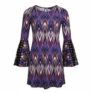 ARIELLA Retro Lace Up‎ Bell Sleeve Purple Geometric Bohemian 1970s Midi Dress S